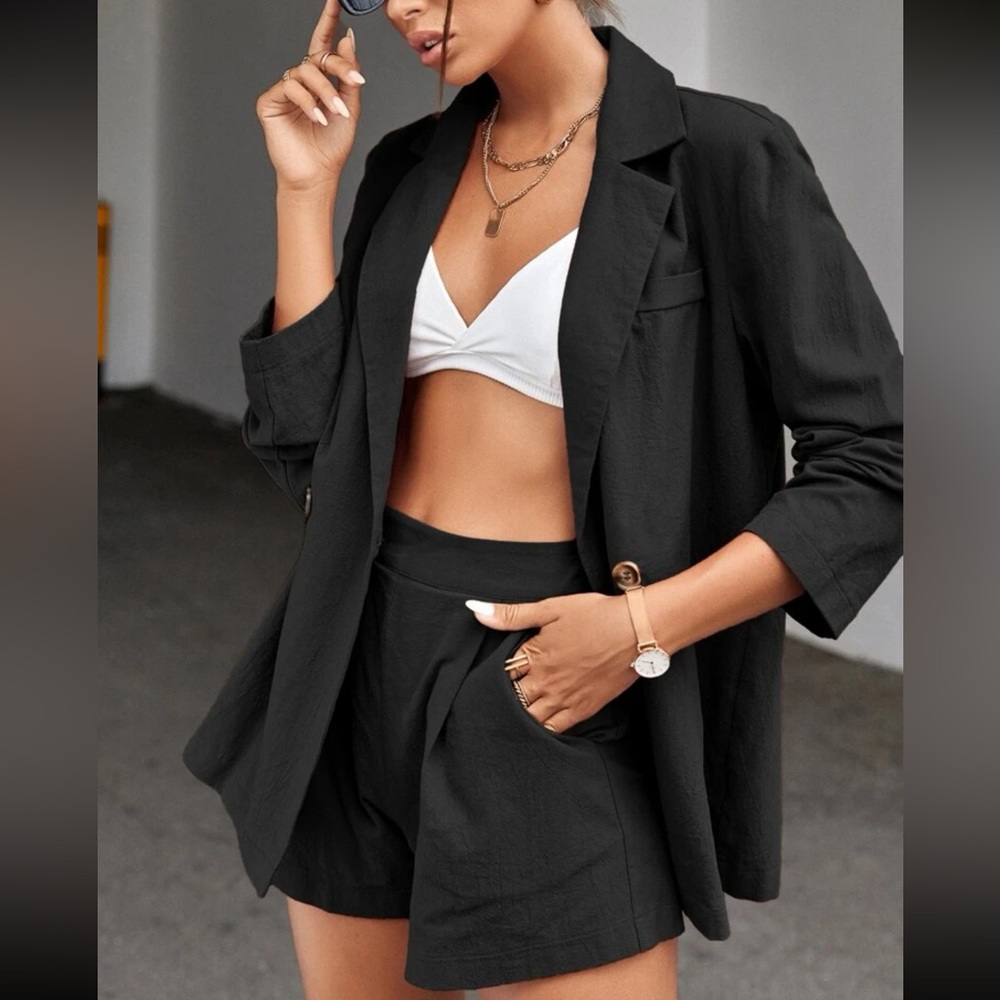 Lapel Collar Button Front Blazer And Shorts Set